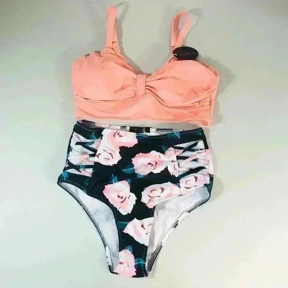 Avidlove Swim Women High Waisted Bikini Tummy Control Peach Floral size Small - Picture 2 of 12
